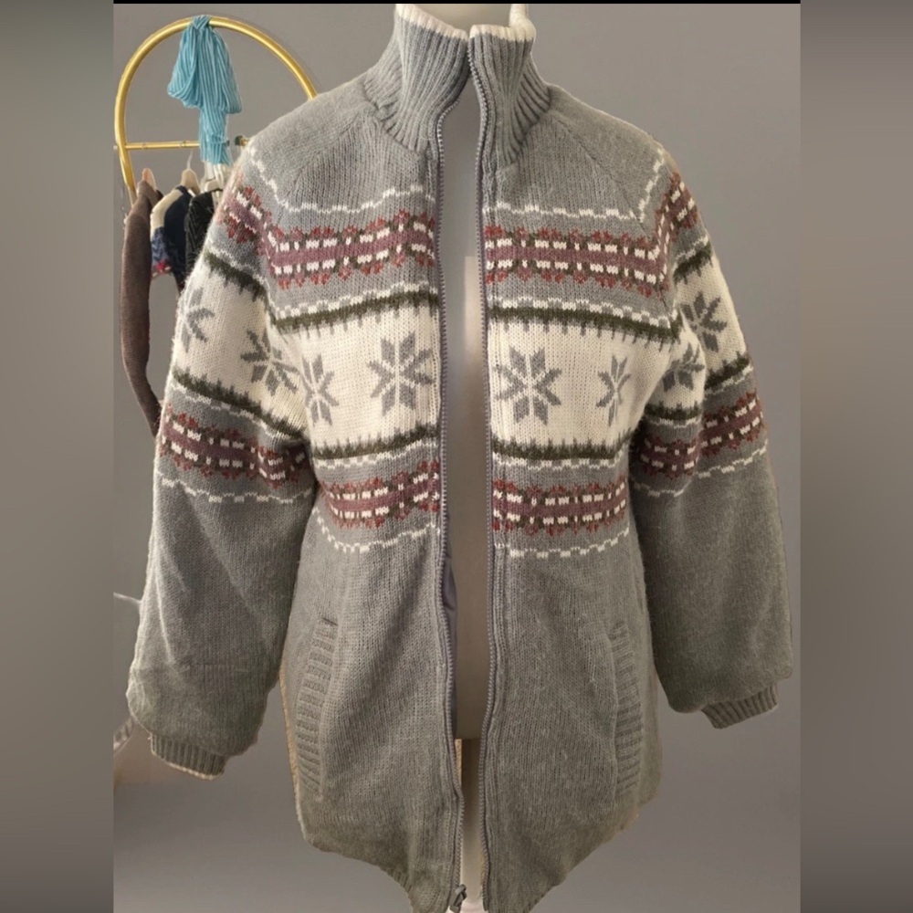 Vtg Knit Nordic Reversible sweater Jacket Lined Zip up Fair Isle Gray women’s M